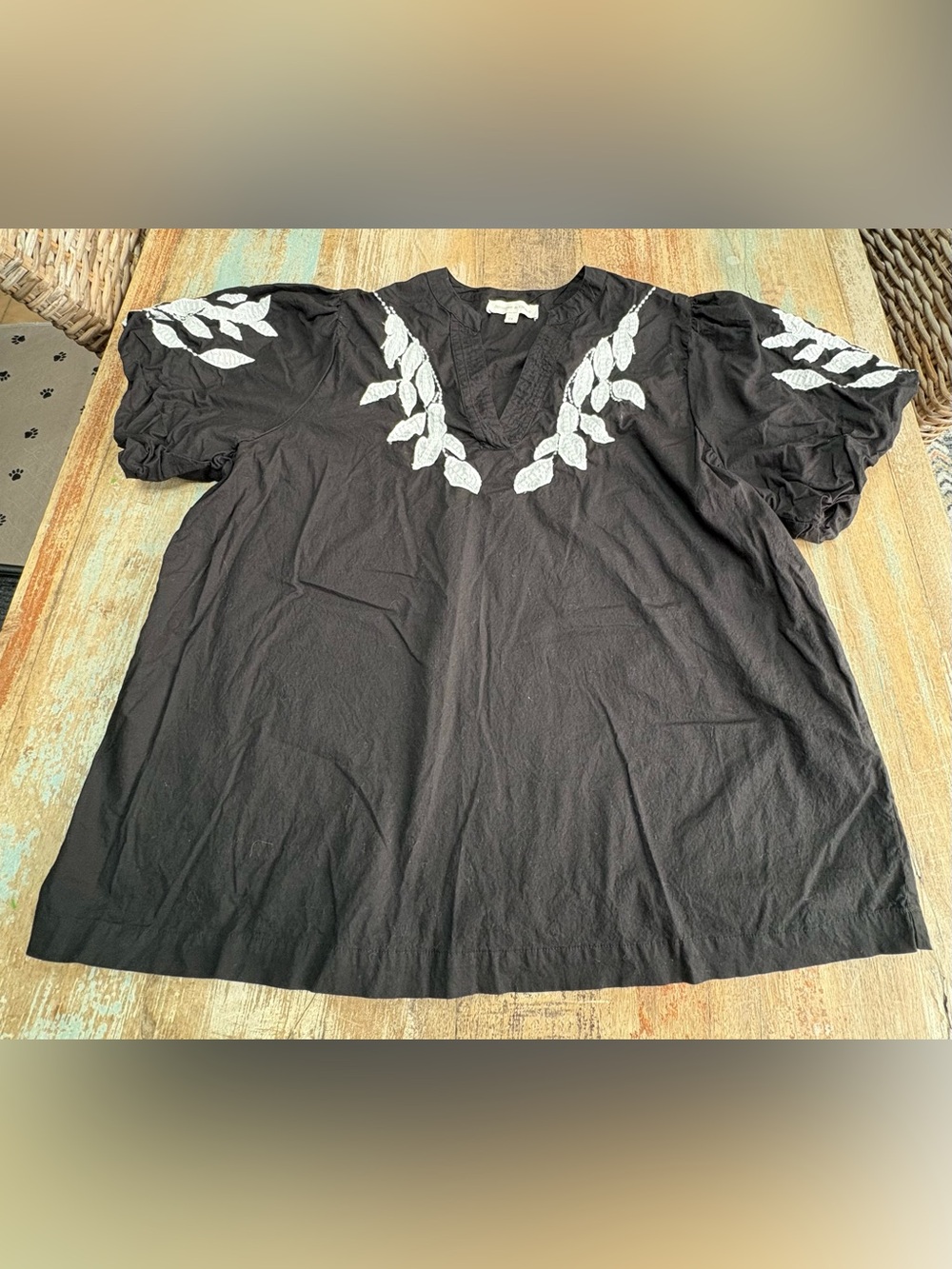 Anthropologie Black and White V-Neck Embroidered Tunic